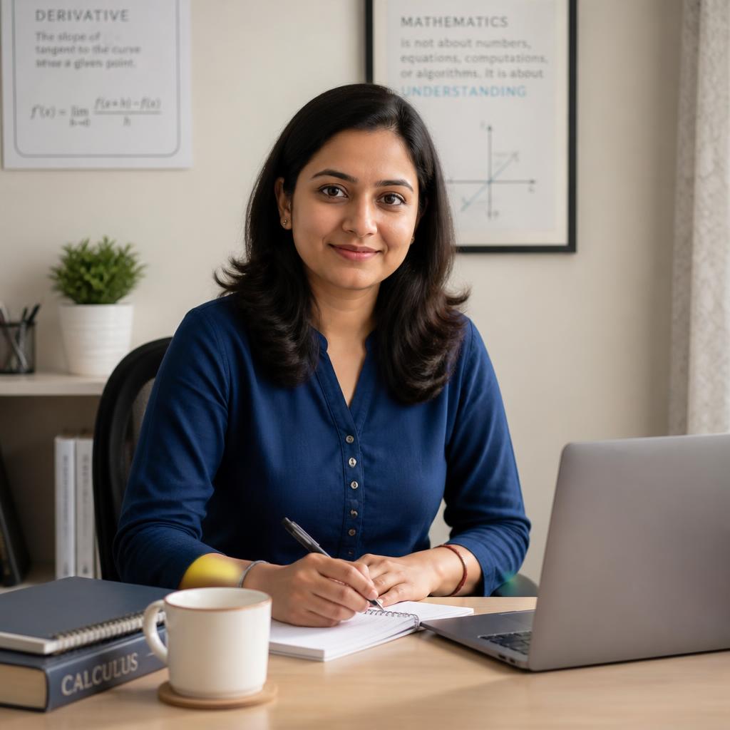 Portrait of the maths tutor at her home office desk